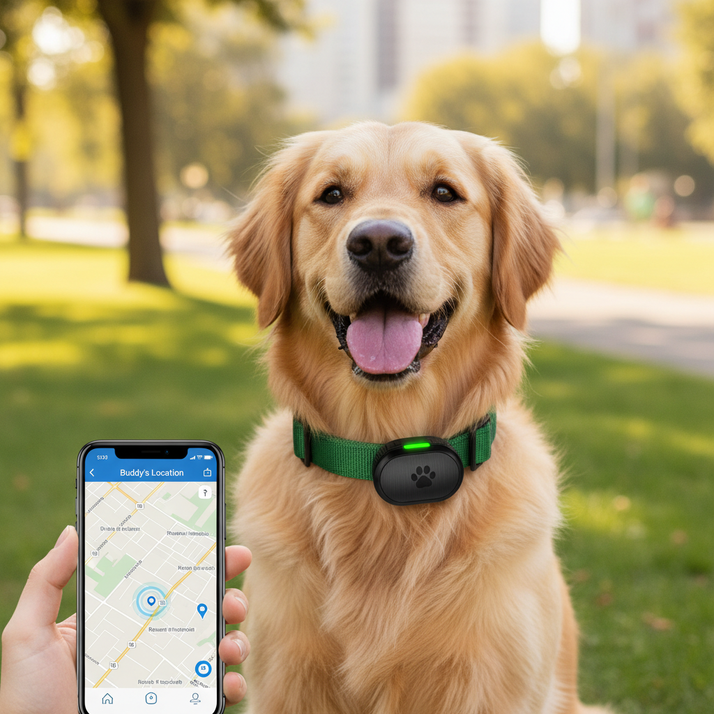 Rocket Roz GPS Pet Tracker on a dog collar