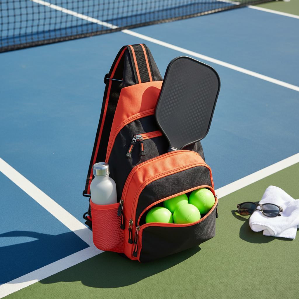 Rocket Roz Pickleball Sling Bag in coral and black on a pickleball court
